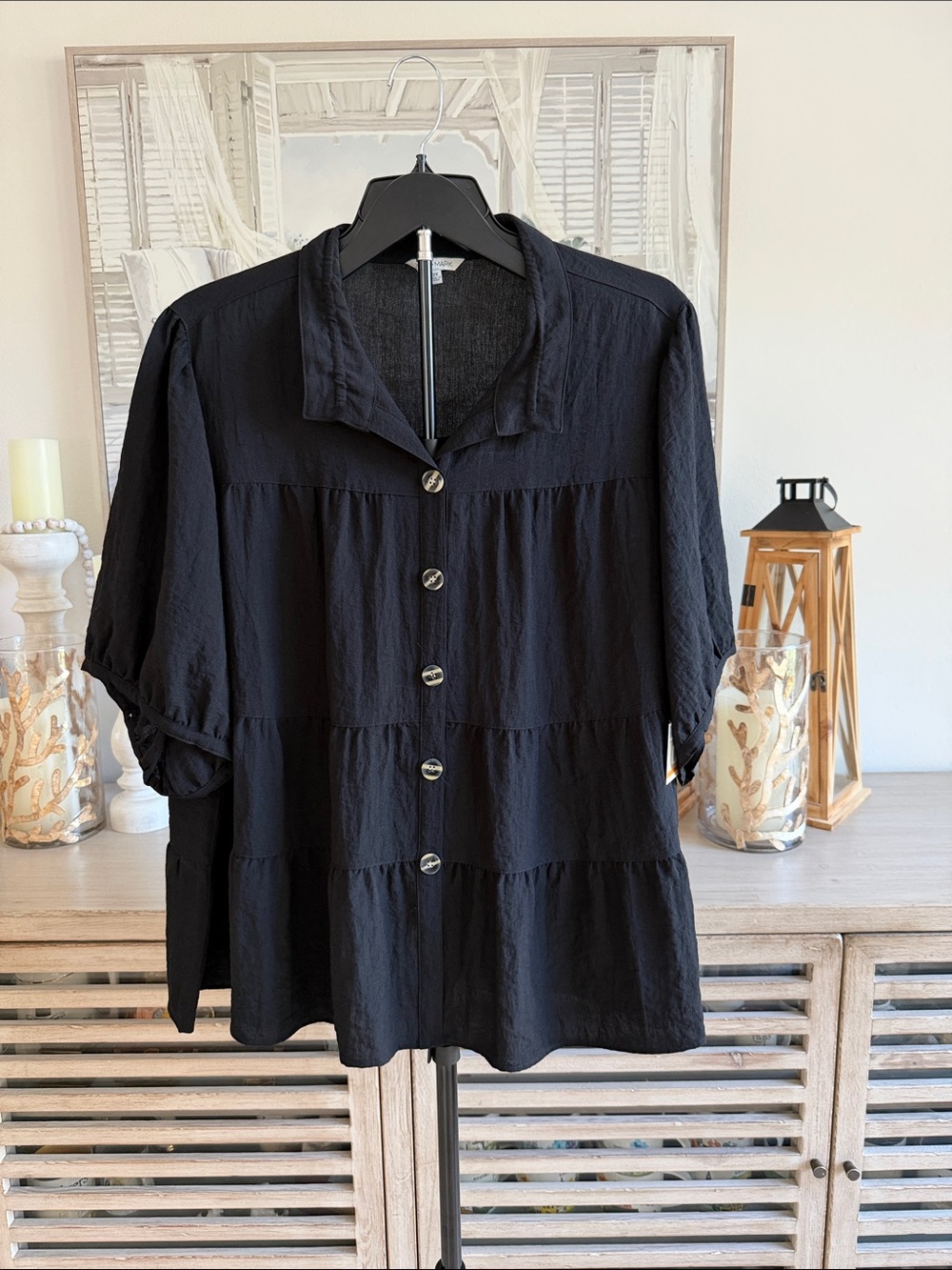 John Mark Black Tiered Button-Front Blouse